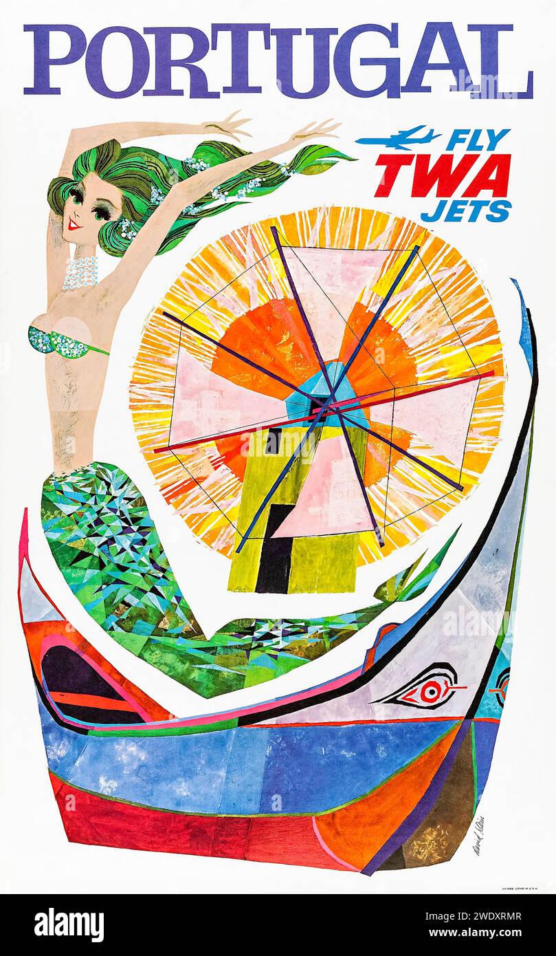 „Portugal – Fly TWA Jets“ von Trans World Airlines 1960 Tourism Poster für den amerikanischen Markt mit Sonne, Meerjungfrau, Windmühle und Boot. Kunstwerk von David Klein (1918-2005). Kredit: Privatsammlung / AF Fotografie Stockfoto