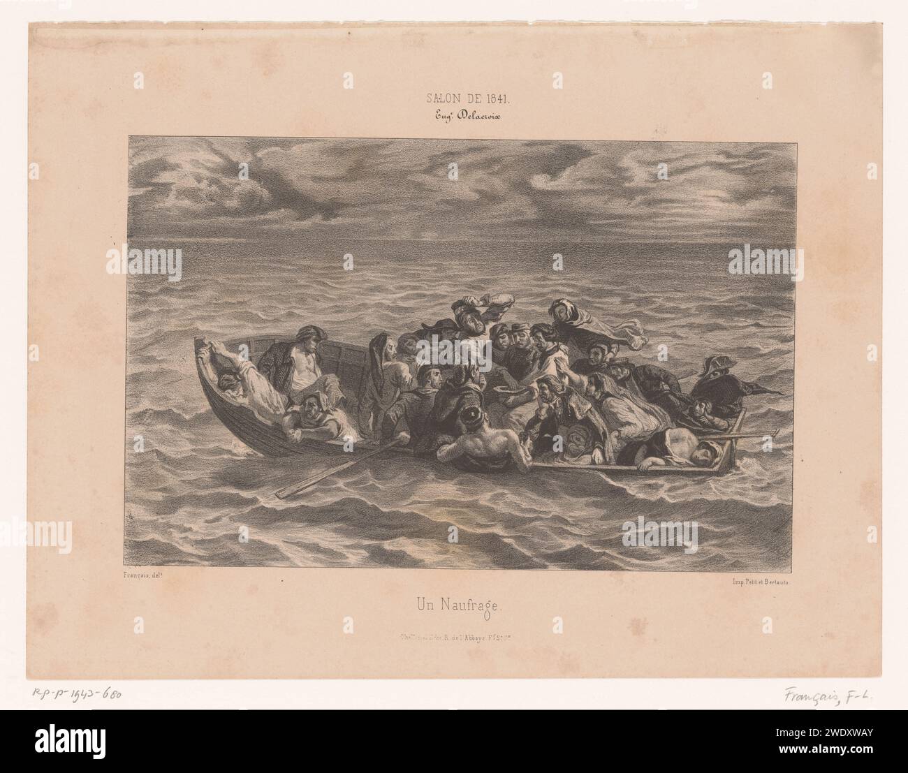 Schiffswalker in einem Ruderboot auf See, Francois-Louis Francais, nach Eugène Delacroix, drucken 1841 Paris Papier Rettungsboot Stockfoto