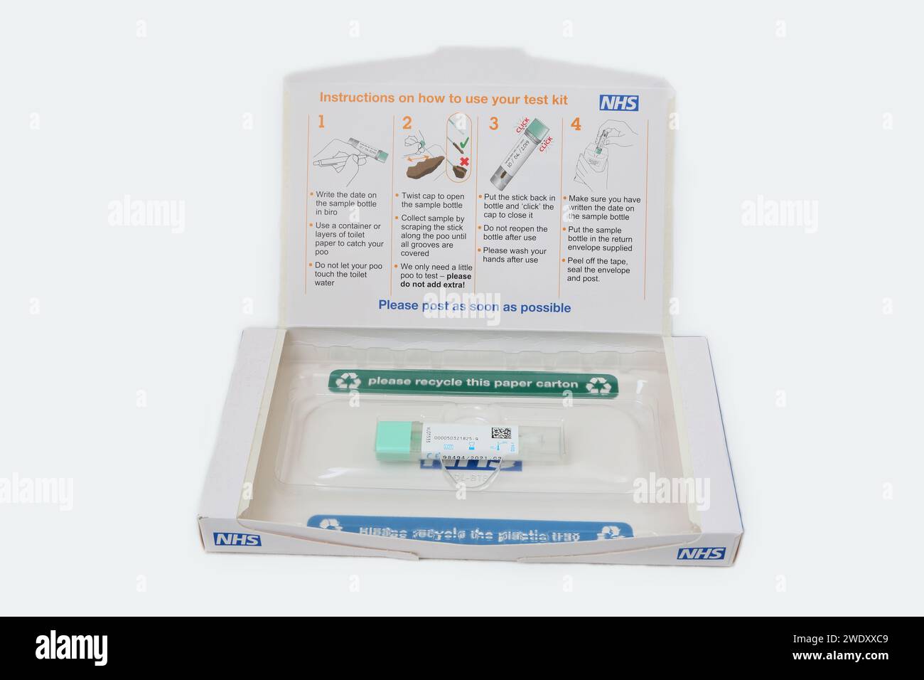 NHS Darmkrebs Screening Home Test Kit (fäkaler immunchemischer Test/FIT) Stockfoto