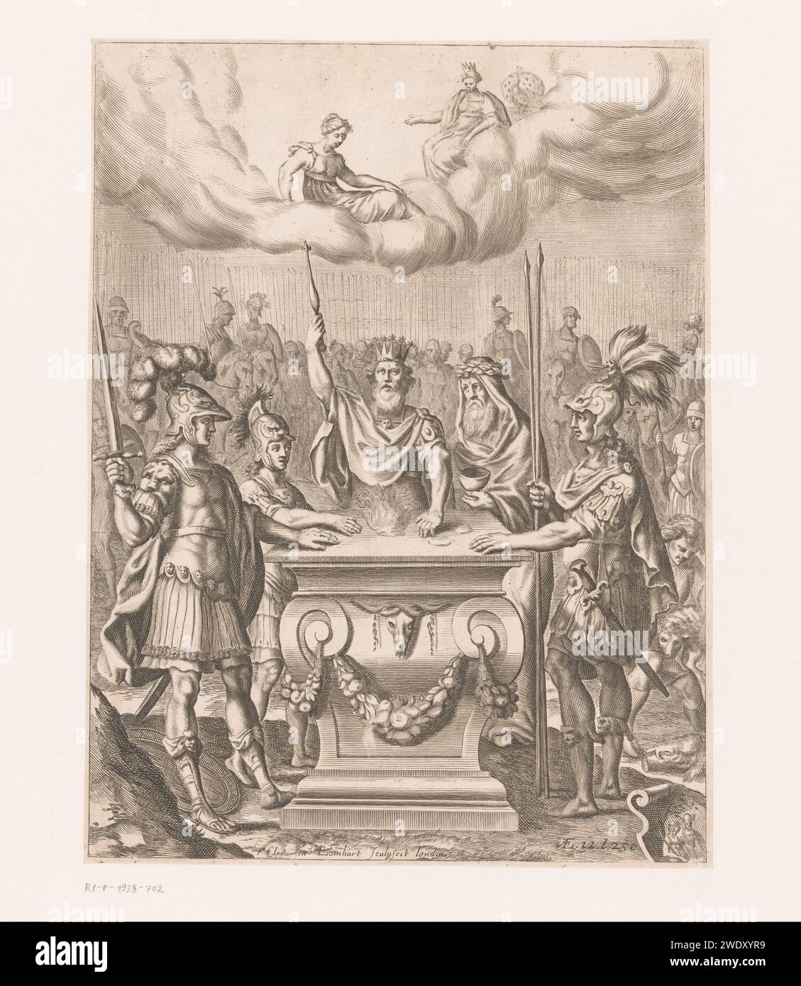 König mit vier Männern um einen Altar, wo ein Feuer brennt, Pierre Lombard, 1654 Druck unten ist eine mögliche Erwähnung einer Seite: AE. 12.L.25C. Londoner Altar aus Papiergravur. Offenes Feuer (im Allgemeinen). (Geschichte von) Juno (Hera) Stockfoto