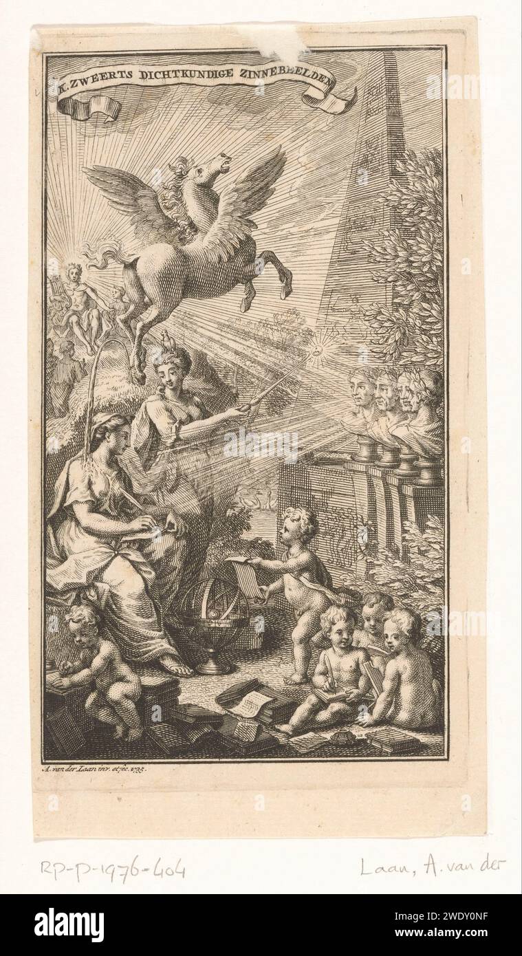Allegorische Show mit schreibender Frau, Bustes, pegasus und apollo, Adolf van der Laan, 1736 Druck Eine schreibende Frau ist vor vier Keizersbusten. Neben ihr befindet sich ein Sud mit Vogel auf dem Kopf und Zepter mit Sonne in der Hand. Sie zeigt auf die Büsten und den Obelisk neben den Büsten. Im Vordergrund steht ein Arillarium und Putti. Pegasus fliegt hinter den Frauen. Im Hintergrund ist Apollo von den Musen umgeben. Apollo strahlt seine Strahlen auf die vier Büsten, die wiederum die schreibende Frau lindern. Amsterdamer Papiergravur Schrift und Briefe. kaiser. Obelisk, Nadel. Pegasus, das geflügelte Pferd Stockfoto