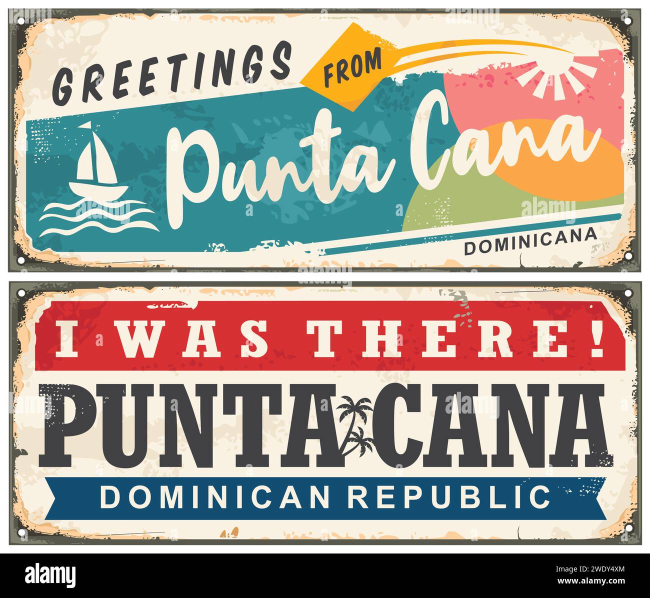 Punta Cana Retro-Grußkarte Souvenirschild aus der Dominikanischen Republik. Reisen und Urlaub zu tropischen Destinationen Vintage-Schilder Set. Dominicana vecto Stock Vektor
