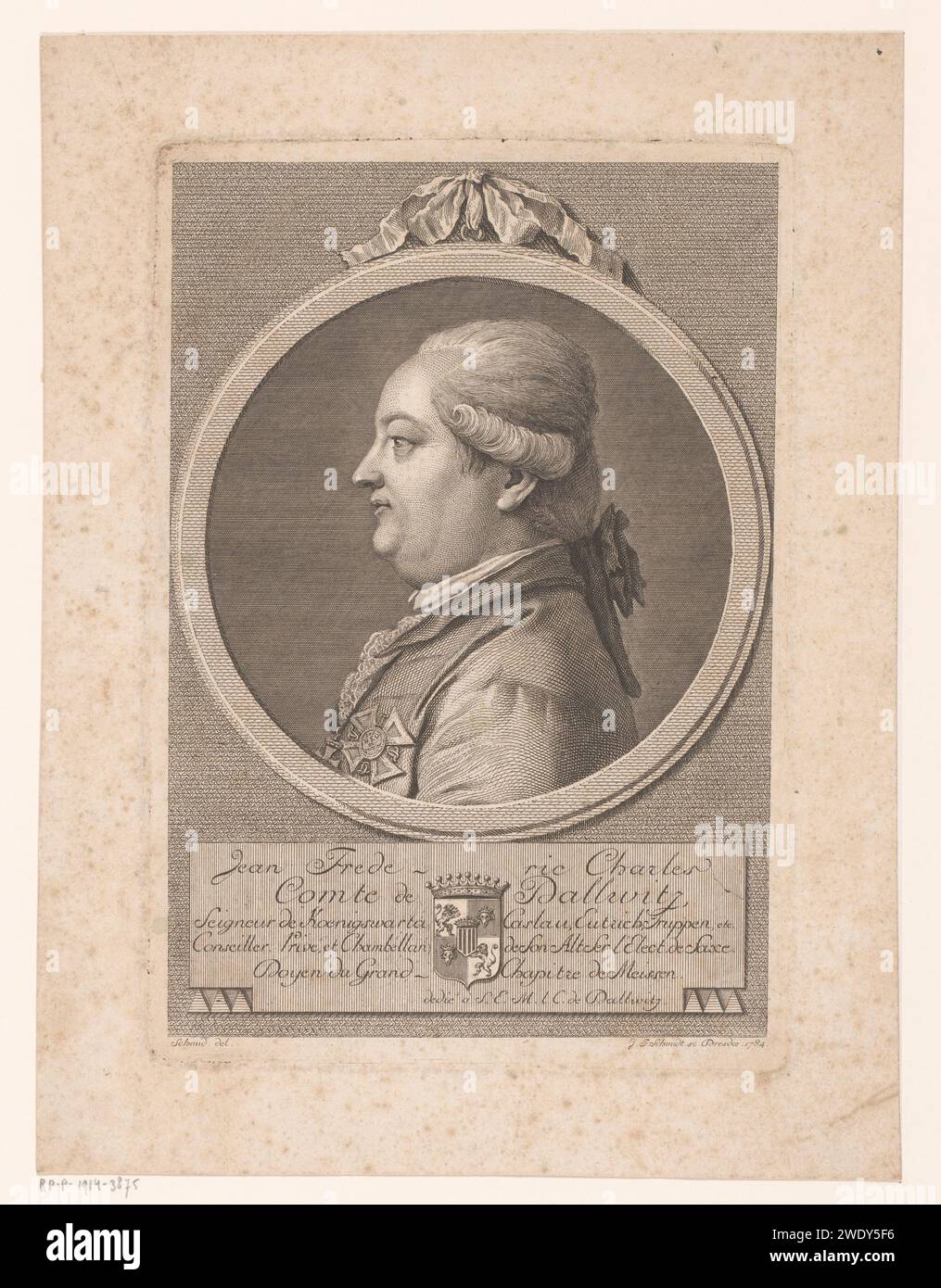 Porträt van Johann Carl Friedrich von Dallwitz, Johann Friedrich Schmidt, nach Schmid, 1757 - 1765 Druckpapierstich / Gravur historischer Personen. Waffenlager, Heraldik Stockfoto