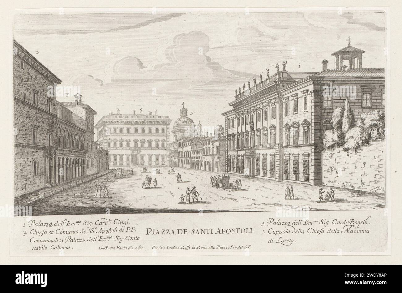 Piazza Santi Apostoli Te Rome, Giovanni Battista Fonda, 1665 - 1667 Print Ansicht der Piazza Santi Apostoli in Rom, mit Palazzo Chigi-Udscalchi auf der rechten Seite und Santa Maria di Loreto im Hintergrund. Liste der erklärenden Nummern in STUDMARGE. Der Ausdruck ist Teil eines Albums. Printmacher: RomeAfter eigenes Design von: Romepublisher: RomeVaticaanstadItalienRom Papier mit Blick auf die Stadt und Landschaft mit künstlichen Konstruktionen. Straße. Kirche (außen). Platz, Ort, Zirkus usw. Hôtel, d. h. kleiner Palast in der Stadt Piazza Santi Apostoli. Chigi-Odescalchi-Palast. Santa Maria di Loreto Stockfoto