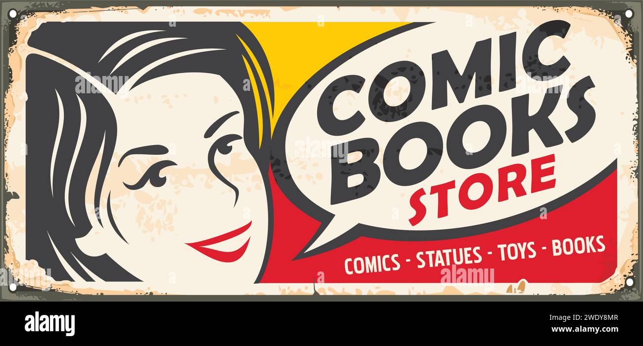 Comic-Bücher mit Retro-Schildern. Porträtzeichnung im Comic-Stil mit Blasenform. Vektor-Vintage-Illustration. Stock Vektor