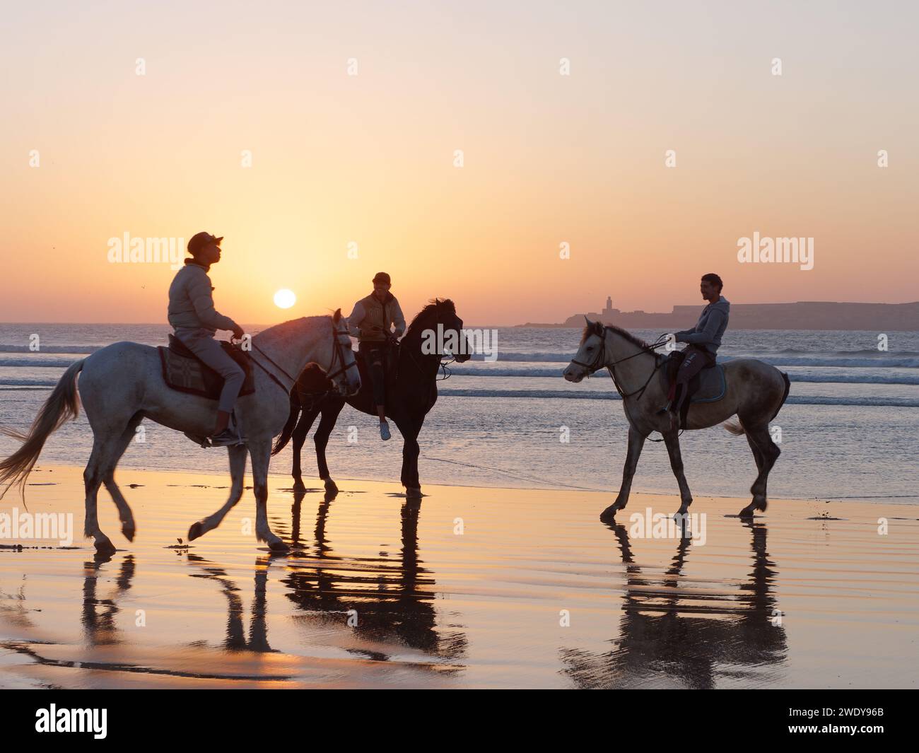 Reiter reflektieren sich bei Sonnenuntergang im flachen Wasser mit einer Insel dahinter, in Essaouira, Marokko, 22. Januar 2024 Stockfoto