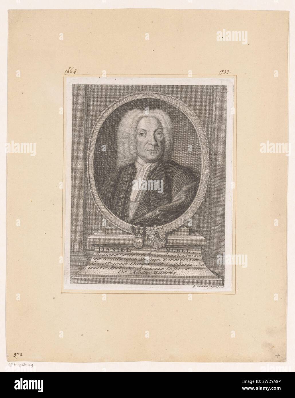 Porträt von Daniel Nebel, Georg Lichtensteger, 1710 - 1781 Druck Nürnberger Papierstich historischer Personen. Waffenlager, Heraldik Stockfoto