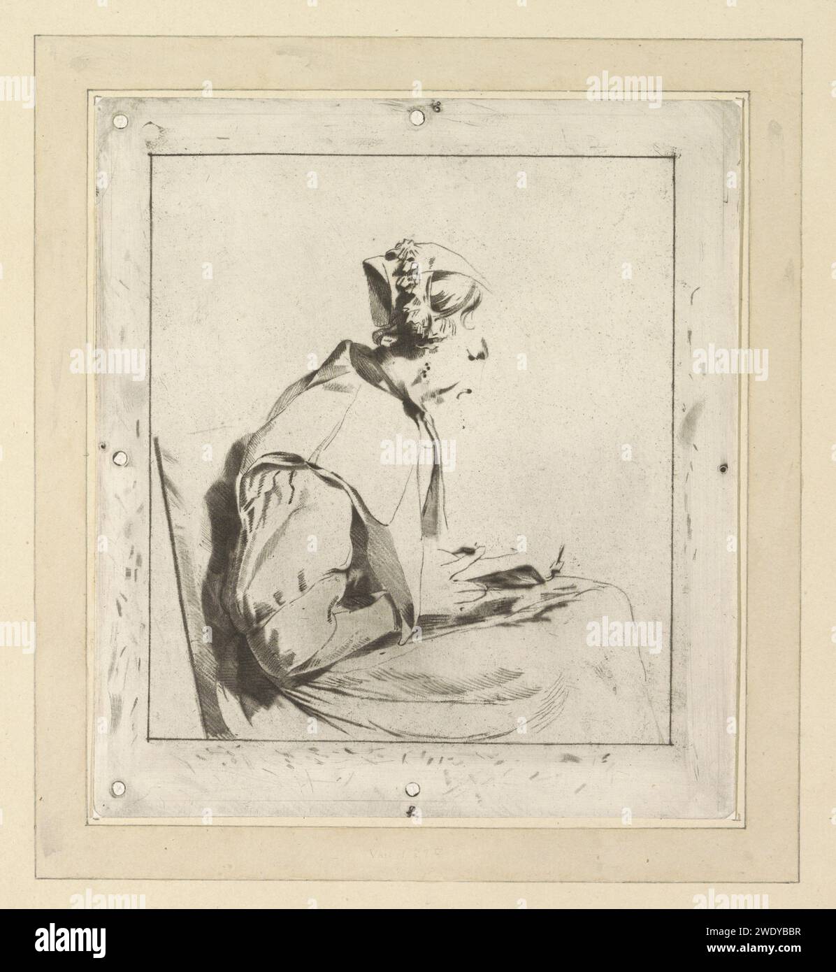 Lesende Frau, Cornelis Ploos van Amstel, nach Jan de Bray, 1795 - 1828 gedruckte lesende Frau, nur die schwarze Platte mit registrierten Löchern. Amsterdamer Papierätzlesung Stockfoto