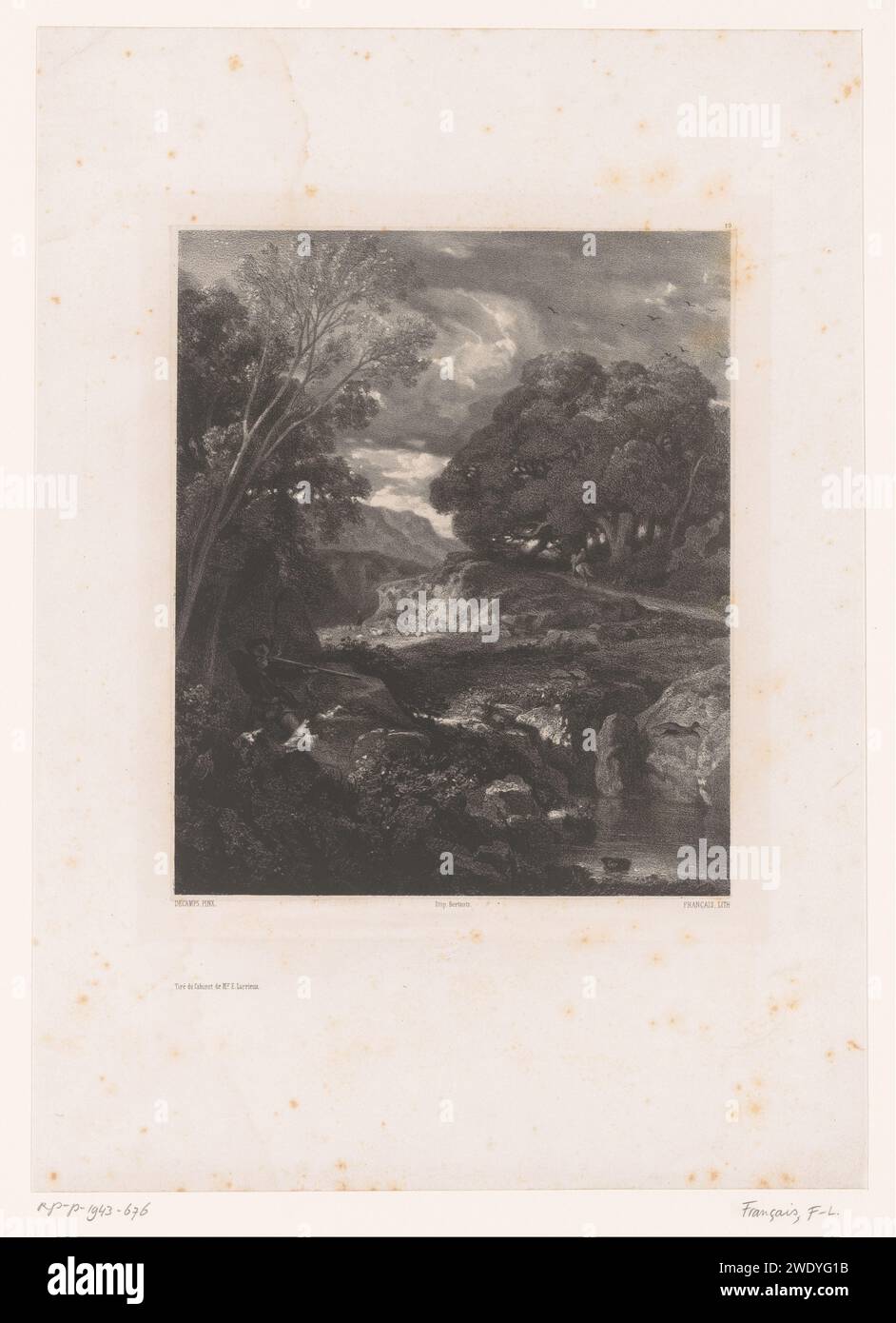 Rotslandschap bringt Jager, Francois-Louis Francais, nach Alexandre-Gabriel Decamps, 1850-1851 Druck Paris Papier. Felsen (+ Landschaft mit Figuren, Personal). jäger Stockfoto