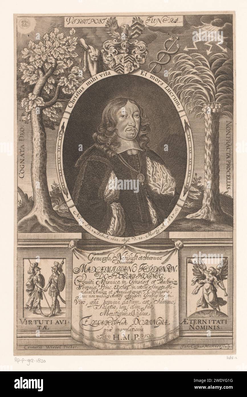 Porträt von Maximilian Ferdinand Hoë von Hoeneegg, Johann Caspar Hoeckner, nach Centurio Wiebel, 1657 - 1670 Druck mit lateinischer Unterschrift. Papierstich historischer Personen. Waffenlager, Heraldik. Sonne als Fläche, Rad usw. dargestellt. donner. Bäume: Palmen. Bäume: Eiche. Attribute von Herkules. Attribute von Quecksilber. Anhänger, Schmuckstück, „Breloque“. Abstrakte Ideen und Konzepte (+ emblematische Darstellung des Konzepts) Stockfoto