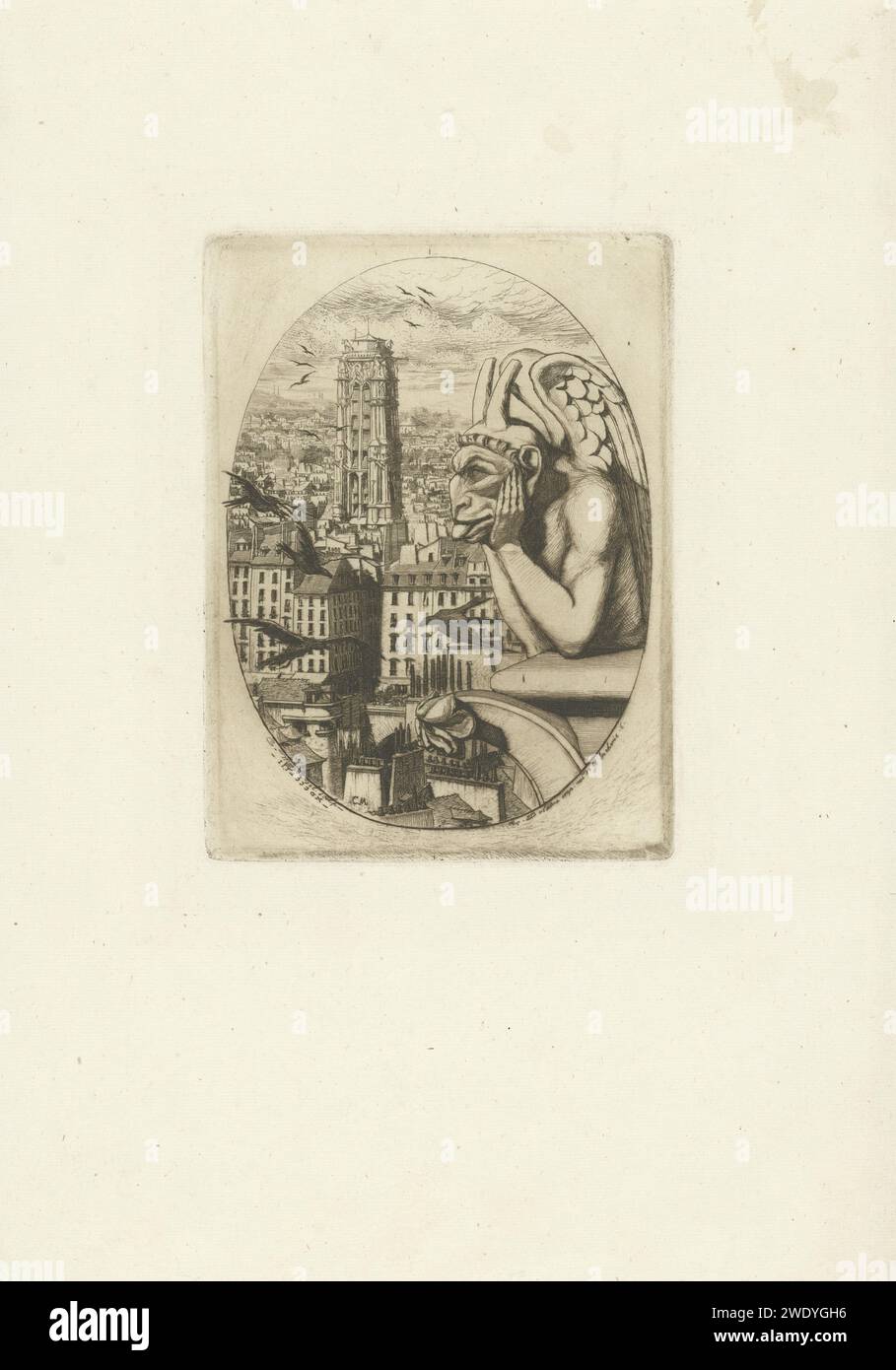 Bild des Vampiers als Wasserjuwel auf dem Turm von Notre Dame und Blick über Paris, Charles Meryon, 1853 Druck Bild des Vampirs, der sich als Wasserpfeifer über den Rand des oberen Balkons eines der Türme von Notre Dame lehnt. Der Künstler hat sich für einen ovalen Ausschnitt entschieden, mit diesem Fragment der Kirche rechts und links einen Blick auf Paris mit schwarzen Krähen, die im Blickfeld vorbeifliegen. Paris Papierätzkirche (außen). Metamorphosierte Menschen Paris Stockfoto
