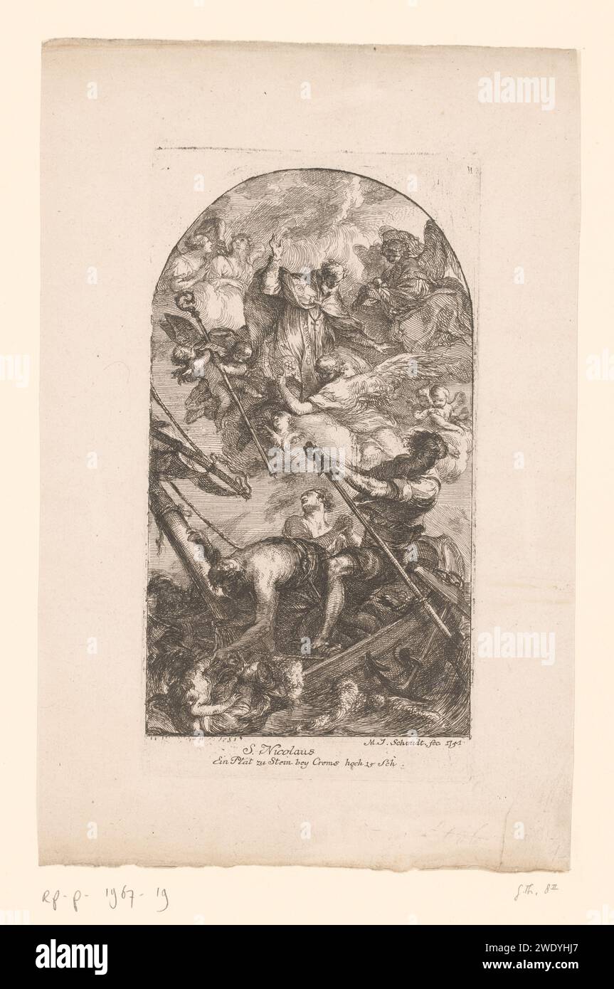 Heiliger Nicolaas als Helfer van Schipwruitingen, Martin Johann Schmidt, 1751 Druckpapier mit dem Graben des Bischofs Nikolaus von Myra (oder Bari); mögliche Attribute: Anker, Boot, drei goldene Kugeln (auf einem Buch), drei Geldbörsen, drei Kinder in einer Wanne, drei Mädchen Stockfoto