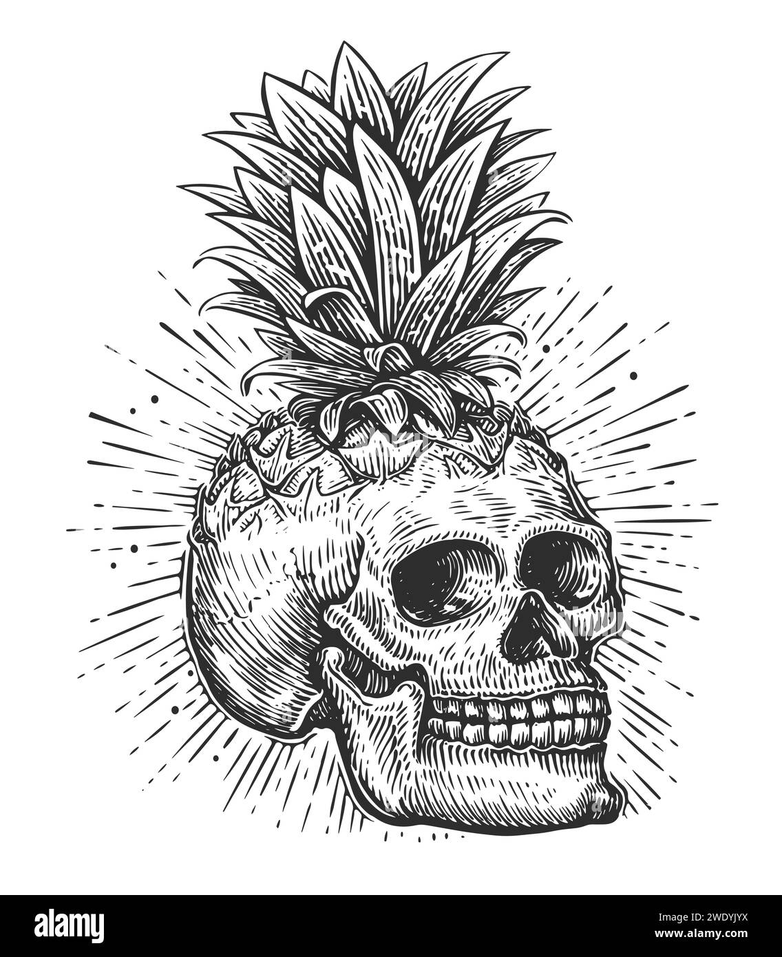 Menschlicher Schädel und Blätter. Handgezeichneter Skelettkopf im Vintage-Gravurstil. Illustration des Skizzenvektors Stock Vektor