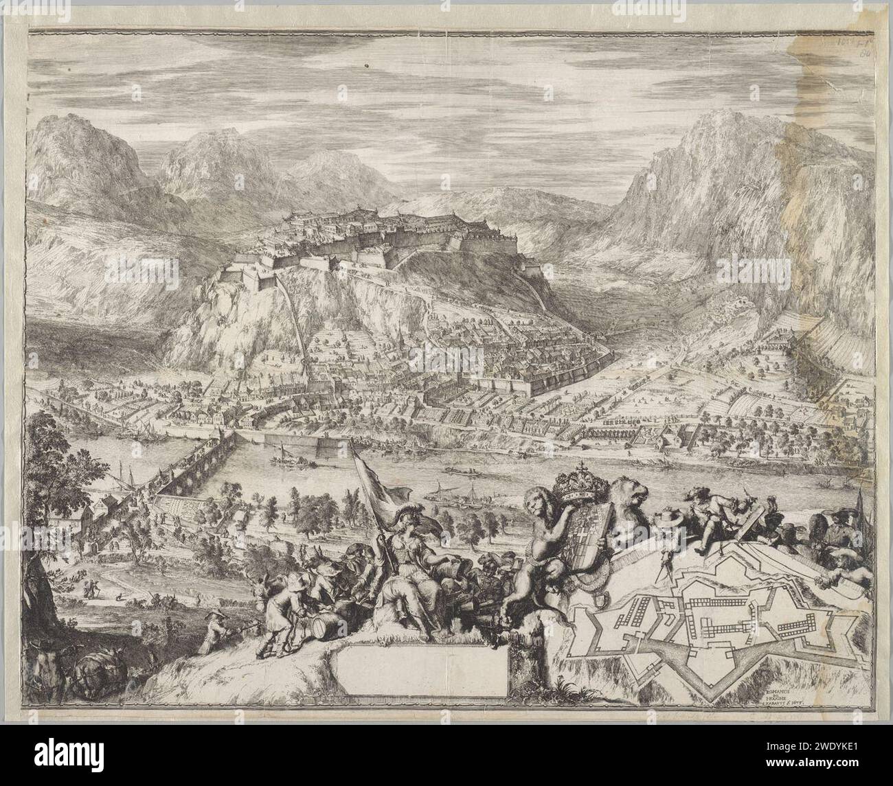 Afbeelding van een stad in het gebergte traf Plattegrond van de citadel. A° 1675 -- Romen de Hooghe Stockfoto