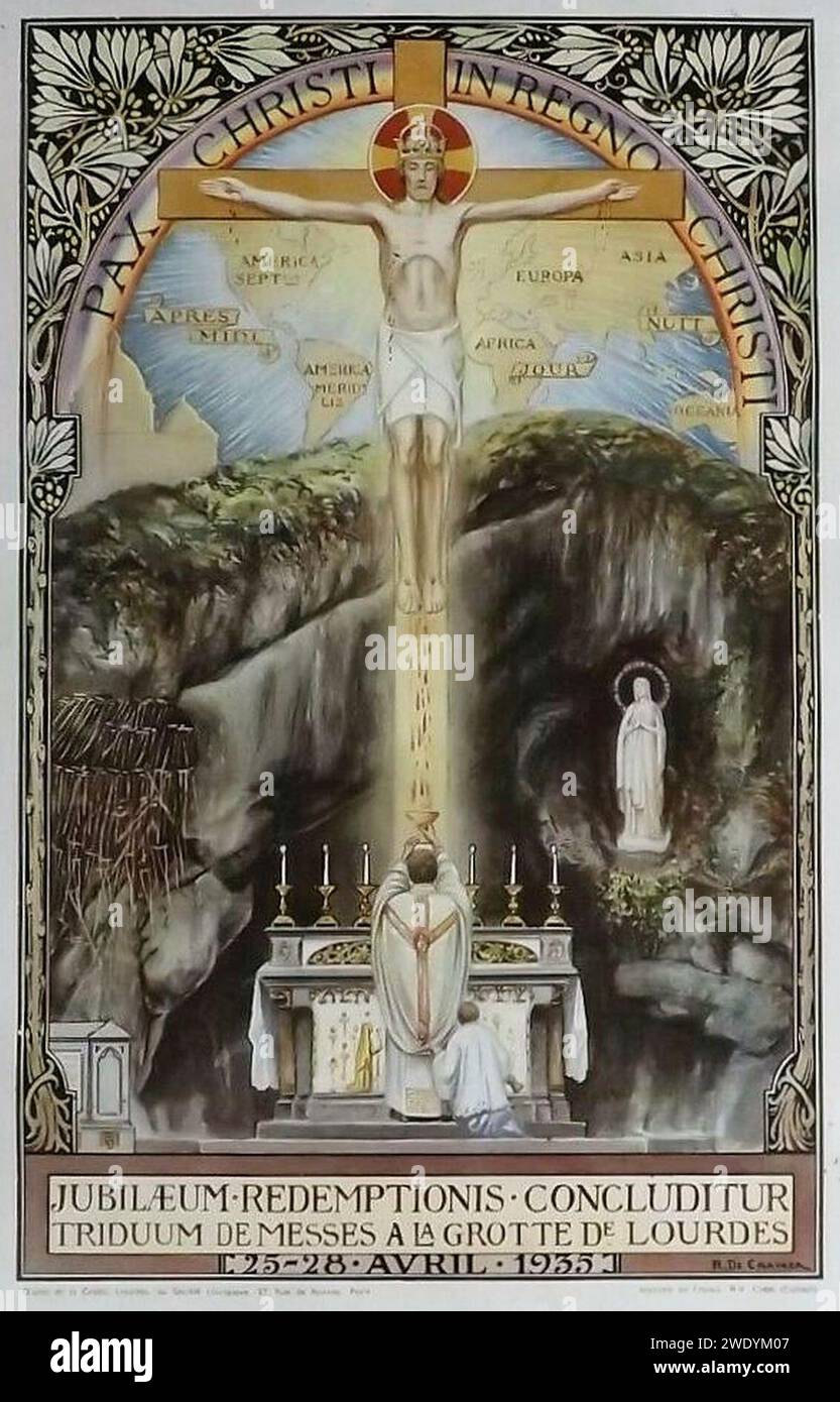 Affiche Triduum de Messes à Lourdes en avril 1935 par René de Cramer. Stockfoto