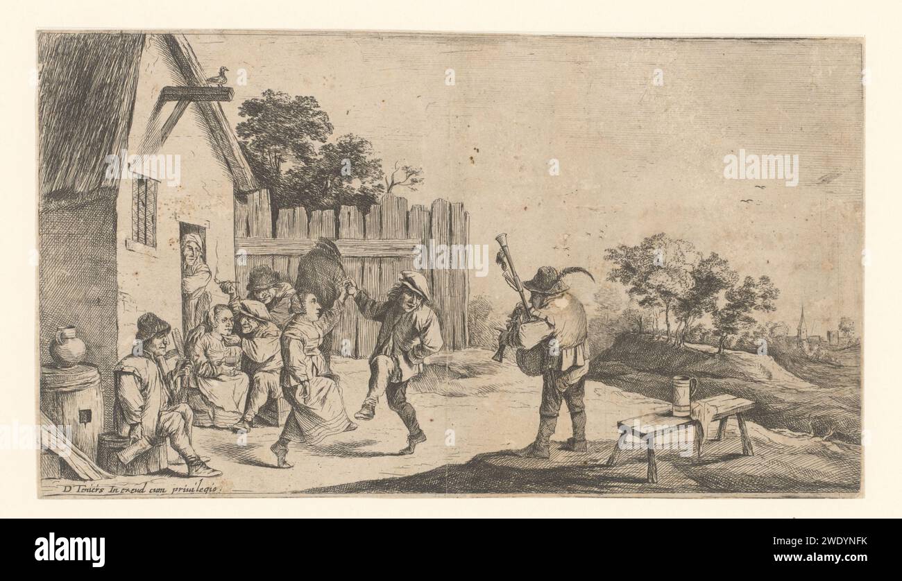 Dance for the inn, Anonym, nach David Teniers (II), 1626 - 1690 Drucken Sie einige Tänze für ein gasthaus zur Musik eines Dudelsackspielers. Die trinkenden Bauern sind vor dem gasthaus. Papierätzung / Gravur Dudelsack, Musette - CC - draußen. Ein Paar tanzt, Mann und Frau tanzt als Paar. Hotel, Hostelry, inn. Landwirte Stockfoto