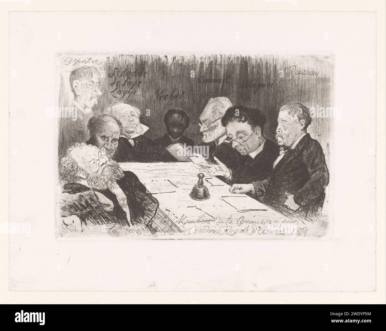 Die Kommission für die Reorganisation der Antwerpener Akademie, Charles Verlat, 1879 druckt etwas karikaturhafte Porträts der Mitglieder eines Komitees der Königlichen Akademie der Bildenden Künste in Antwerpen. PAPIERÄTZUNG / DRYPOINT / REDOUSSAGE Gesellschaften und Verzeichnisbretter. Historische Personen. akademie, Vereinigung der Künstler. Ort oder Institution der aus- und Weiterbildung des Künstlers, z. B.: akademie der Künste Stockfoto