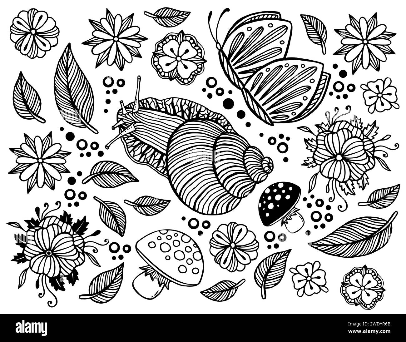 Herbstschnecken, Schmetterling, Blumen und Blätter Vektor Hand gezeichnete Linie Art Clipart Sammlung Stock Vektor