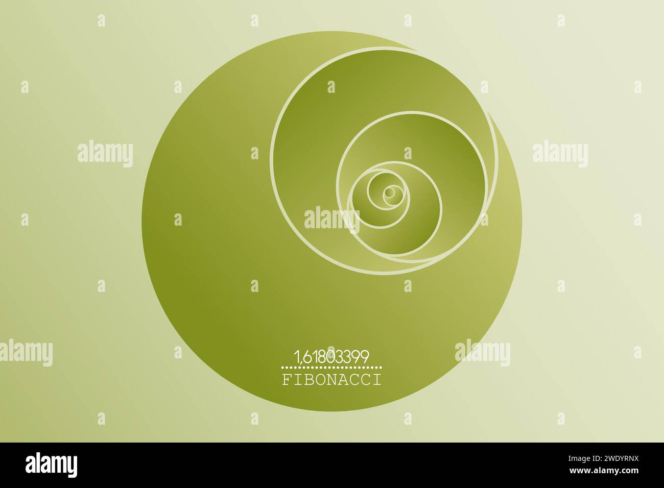 Fibonacci Sequenzkreis. Goldenes Verhältnis. 3D Geometrische Formen Spirale. Grüne Verlaufskreise im goldenen Proportionalbereich, minimalistisches Design. Vektorlogo Stock Vektor