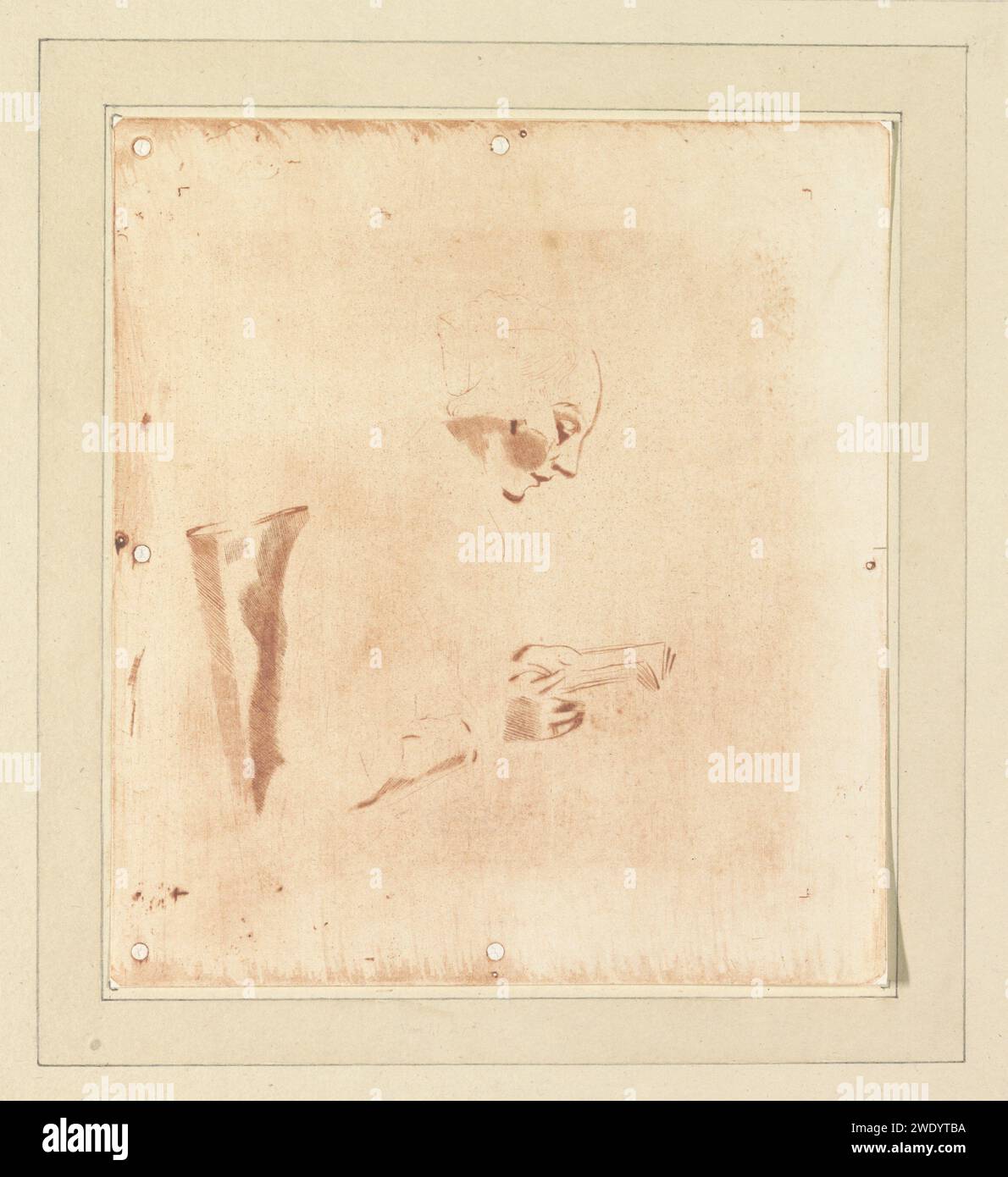 Lesende Frau, Cornelis Ploos van Amstel, nach Jan de Bray, 1795 - 1828 Druck lesende Frau, nur die rote Platte mit registrierten Löchern. Amsterdamer Papierätzlesung Stockfoto