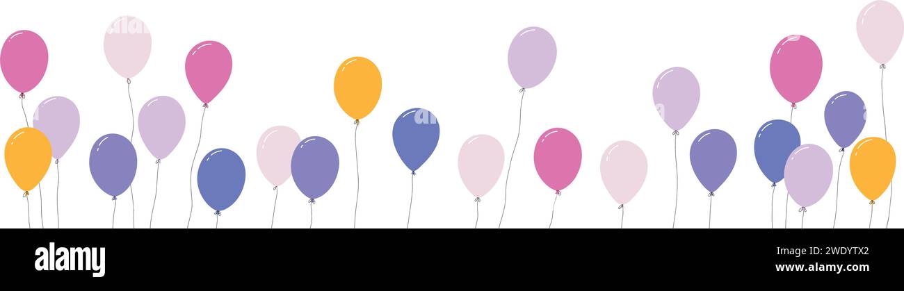 Bunte Ballonbänke für Geburtstage und Partys. Blaue Comic-Ballons mit Seilen, festliche Atmosphäre. Illustration des flachen Vektors isoliert auf weiß Stock Vektor