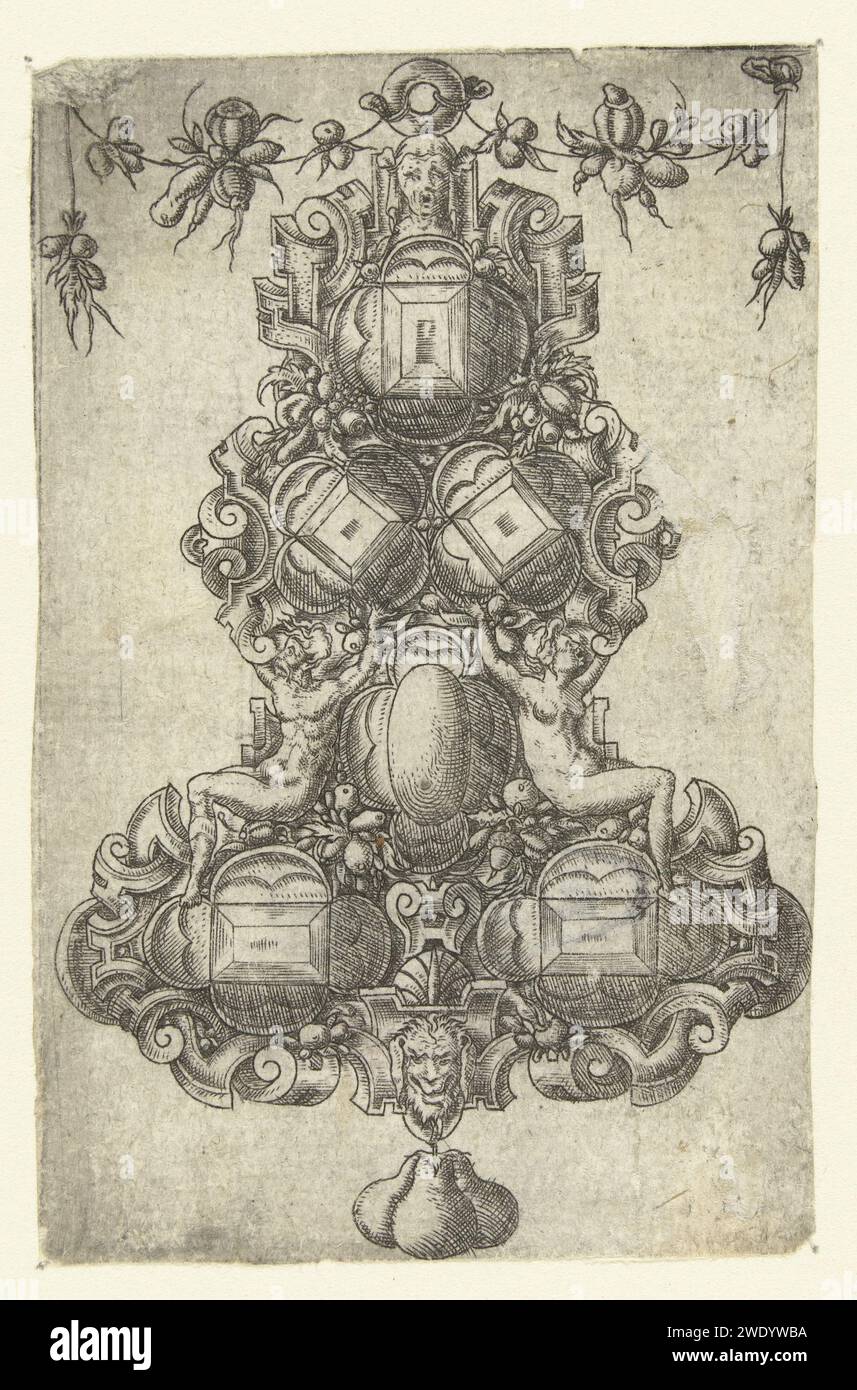 Fünf Steine Anhänger, Anonym, nach Mathis Zündt, 1508 - 1572 Druck im Rollwerk steht links ein Mann und rechts eine Frau. In der Mitte sind drei Perlen. Eines von fünf Blättern mit Edelsteinen und Perlen in Rollen und Grotesken. Deutschland (möglicherweise) Papiergravur/Ätzung Stockfoto