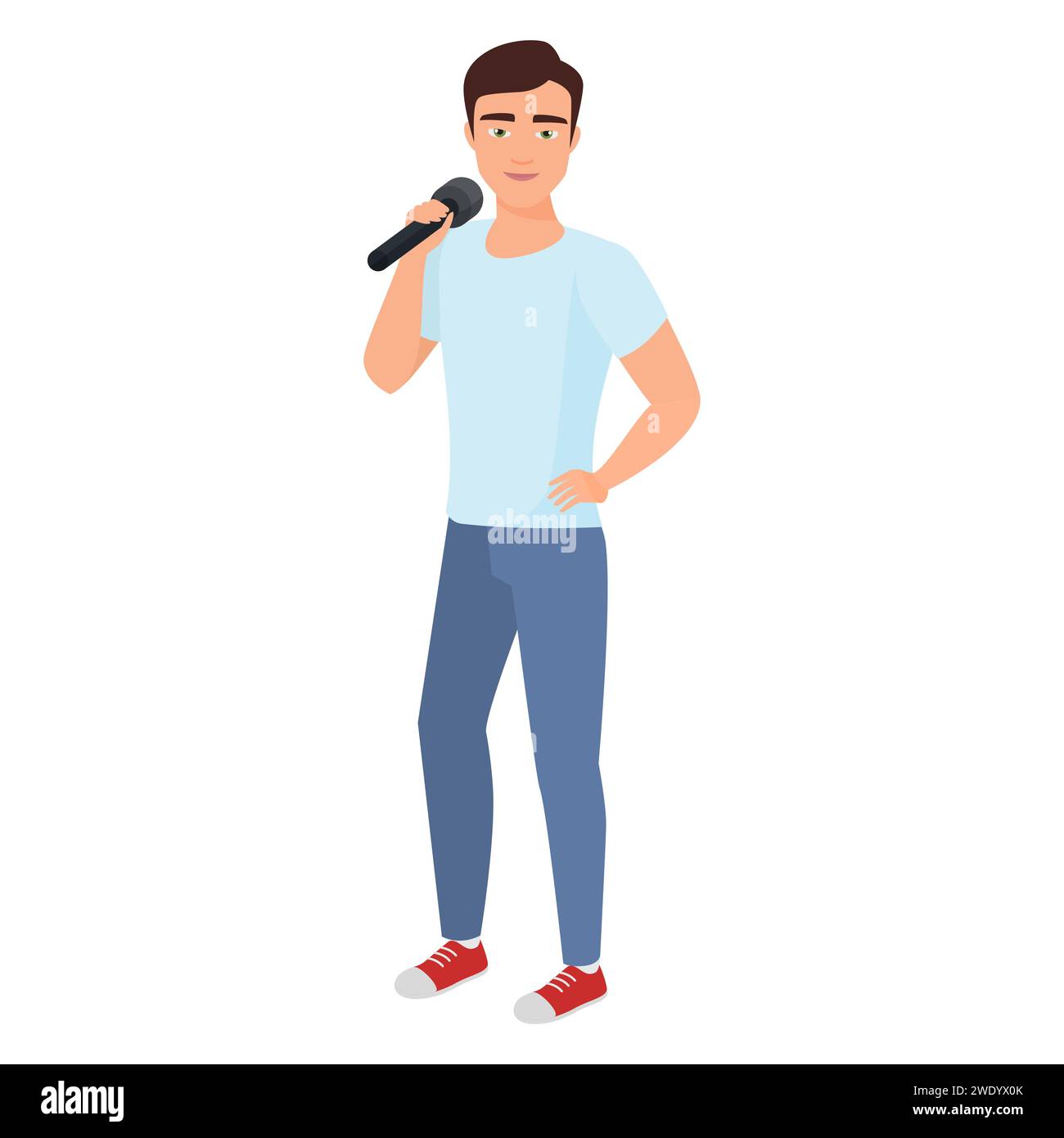 Männlicher Teenager singt Karaoke. Junge mit Mikrofon Cartoon Vektor Illustration Stock Vektor