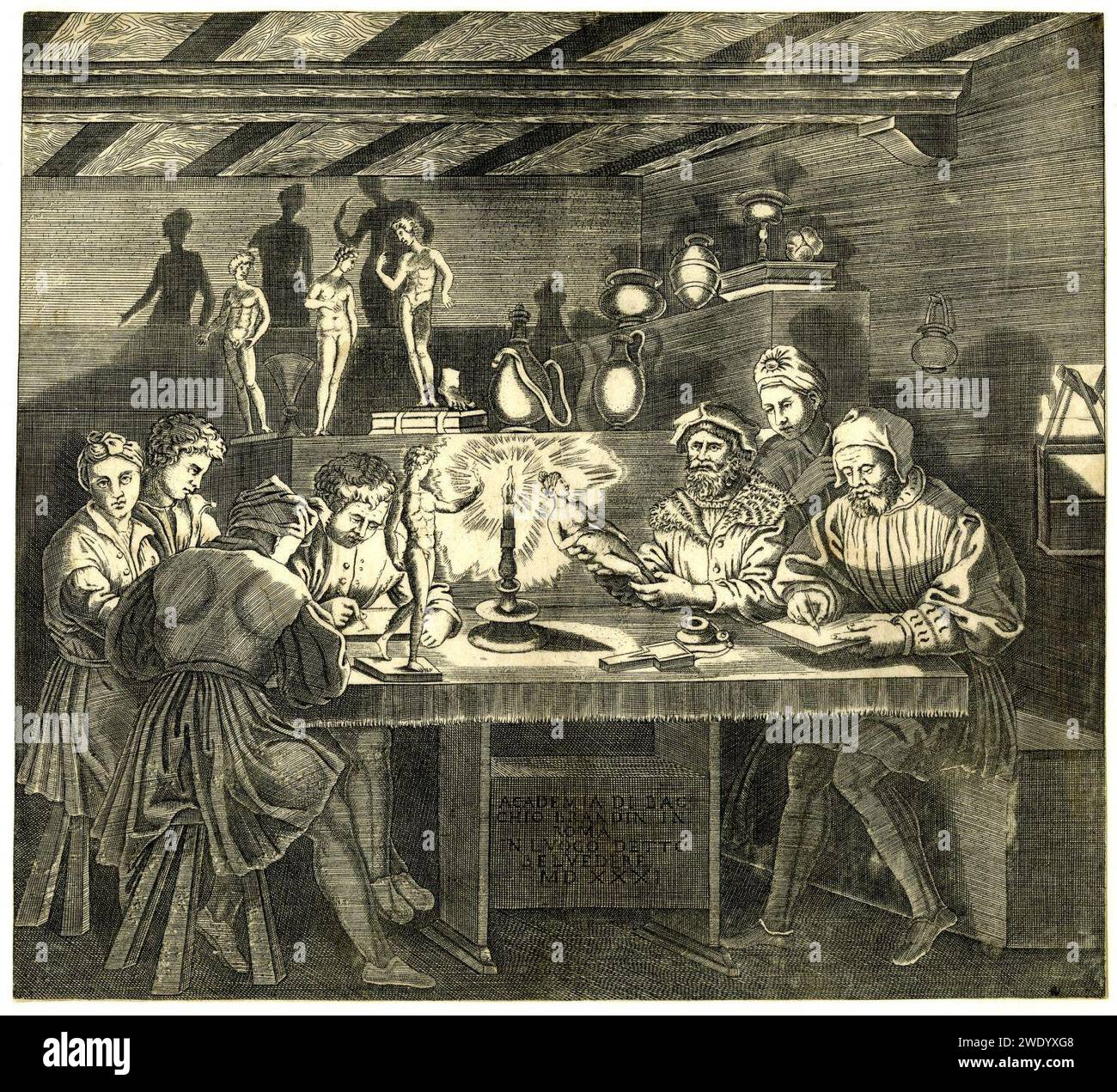 Agostino Veneziano - danach Baccio Bandinelli sitzt in seinem Atelier und hält eine Statuette der Venus, V, 2,136. Stockfoto