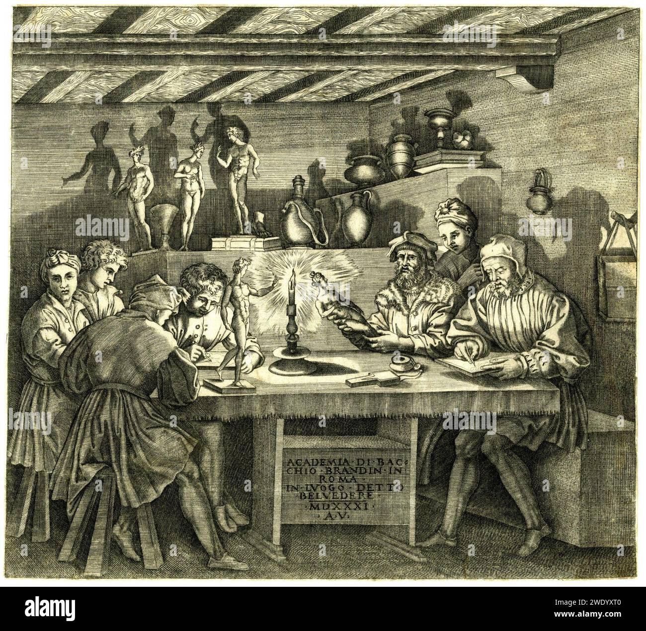 Agostino Veneziano - Baccio Bandinelli sitzt in seinem Atelier und hält eine Statuette der Venus, H,7,35. Stockfoto