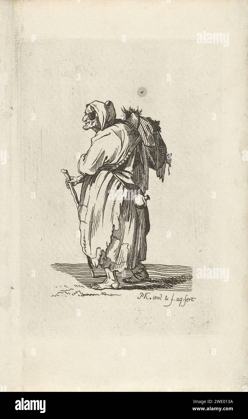 Landloopster, Pieter Kikkert, 1798 drucken Ein Landläufer mit Blinker und einem Wanderstock geht gepackt und lackiert nach links. Bettler mit Papierätzung. Gehstock, Personal. Hässliche, alte Frau, verdammt. Kreaturen mit einem Auge - AA - weibliche menschliche Figur Stockfoto