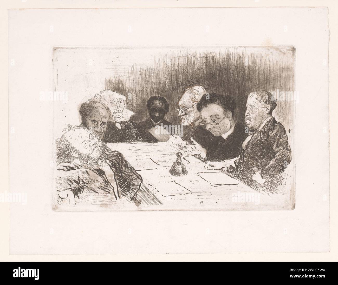 Die Kommission für die Reorganisation der Antwerpener Akademie, Charles Verlat, 1879 druckt etwas karikaturhafte Porträts der Mitglieder eines Komitees der Königlichen Akademie der Bildenden Künste in Antwerpen. PAPIERÄTZUNG / DRYPOINT / REDOUSSAGE Gesellschaften und Verzeichnisbretter. Historische Personen. akademie, Vereinigung der Künstler. Ort oder Institution der aus- und Weiterbildung des Künstlers, z. B.: akademie der Künste Stockfoto
