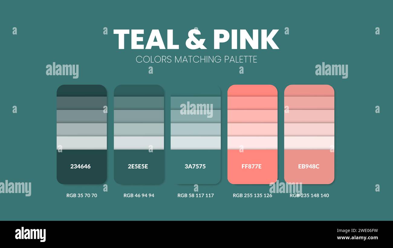 Farbpalette in den Farbthemenkollektionen Teal und Pink. Farbinspirierung oder Farbkarte mit Codevorlage. Farbkombinationssatz von RGB. Farben Stock Vektor