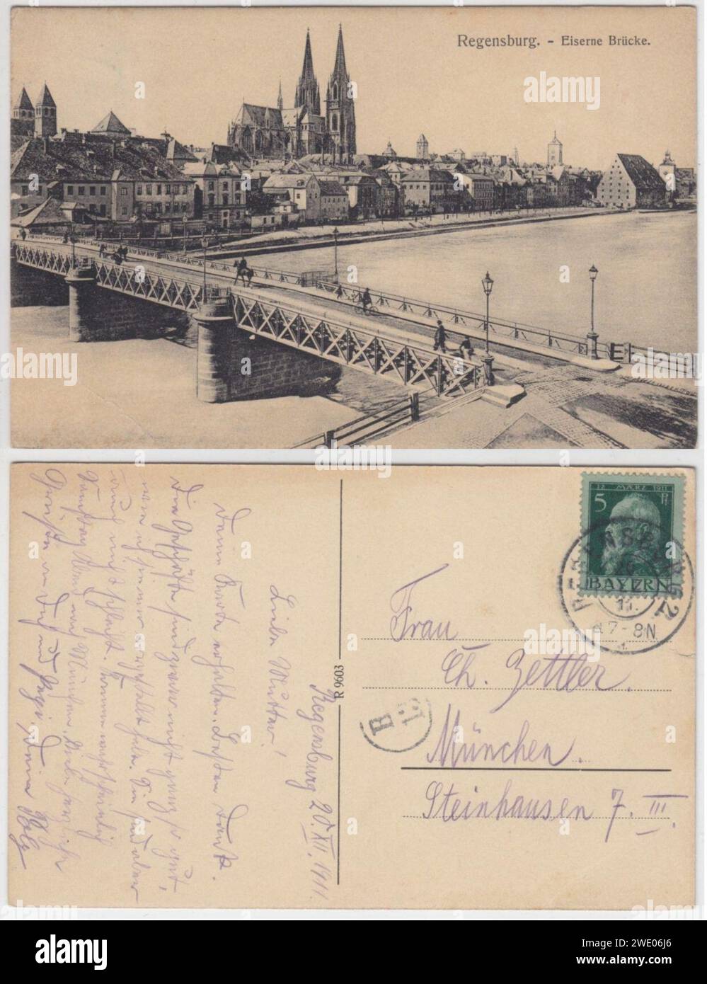 AK - Regensburg - Eiserne Brücke - um 1911. Stockfoto