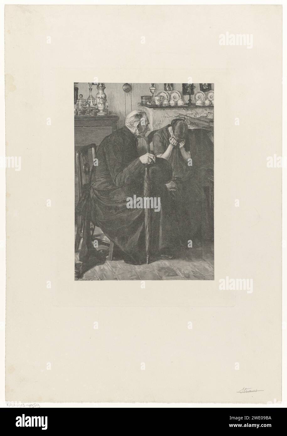 Trooster, Richard Bong, nach Rddn, 1800 - 1899 drucken Ein Mann mit einem Regenschirm und eine Frau sitzen in einer Abreise mit einem Kamin, schönem Geschirr am Kamin und einer Hängeuhr an der Wand. Die Frau weint mit dem Gesicht in einem Tuch. Der Mann legt bequem eine Hand auf ihr Knie. Niederlande Papier offenes Feuer, Kamin, Herd (in der Küche). Regenschirm. Uhr. Weinen Stockfoto