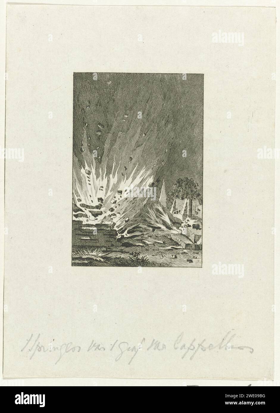 Sprengung des Friedhofs der Familie Van der Capellen, 1788, Reinier Vinkeles (I), nachdem Jacobus 1788–1795 Drucke gekauft hatte, die mit Schießpulver aus dem Familiengrab der Familie Van der Capellen im Gorsselse Veld bei Zutphen, 7. August 1788 in die Luft gesprengt wurden. Nordholland Papiergravur Grabbau, monumentales Grab. Bombenentrüstung Gorssel Stockfoto