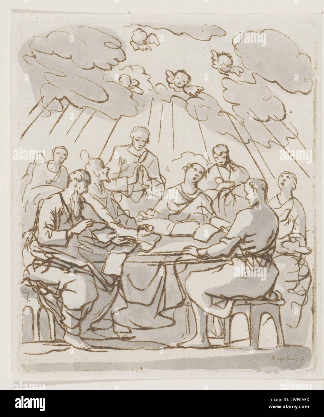 Eine Kompanie von acht lobenden Menschen um einen Tisch, Ernst Willem Jan Bagelaar, nach Jan Luyken, 1798–1837 drucken niederländisches Papier ätzend Letztes Abendmahl (im Allgemeinen) (Matthäus 26:21-35; Markus 14:18-31; Lukas 22:3, 22:15-23; Johannes 13:21-38). (Öffentliches) Gebet Stockfoto
