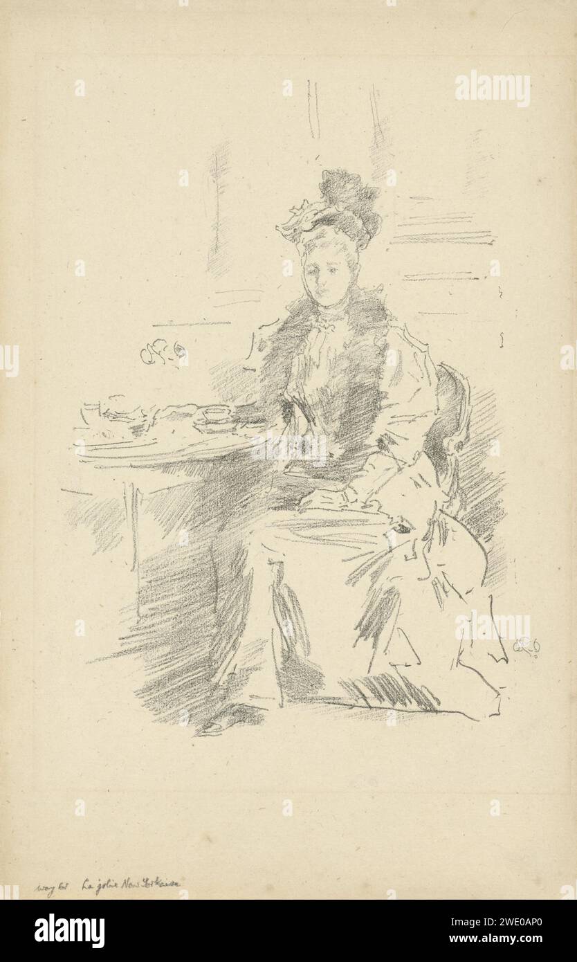 Das hübsche New York, James Abbott McNeill Whistler, 1894 drucken Eine Frau, von vorne gesehen, an einem Tisch sitzend, ihre linke Hand auf ihrem Schoß. London Paper Erwachsene Frau (+ sitzend) Stockfoto