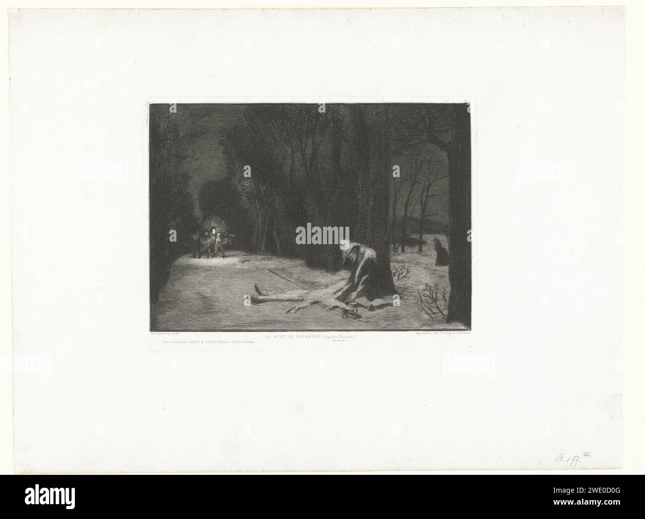 Tod von Matamore, Félix Bracquemond, 1864 gedruckte Illustration mit dem Tod von Matamore, einer der Charaktere aus der Geschichte Capitaine Fracasse von Theophile Gaultier. An einem Baum hängt die Leiche von Matamore, die unter dem Schnee begraben ist. Im Dunkeln eine Gruppe von drei Männern, Tyran, Blazius und Sigognac, mit einer Laterne, die den Weg für sie erleuchtet. Druckerei: Franceprinter: Parispublisher: Paris Papier, das gewalttätigen Tod, Tod, Misshandlung und Misshandlung, Tod suchen (+ Finden von Toten oder Sterbenden) Stockfoto