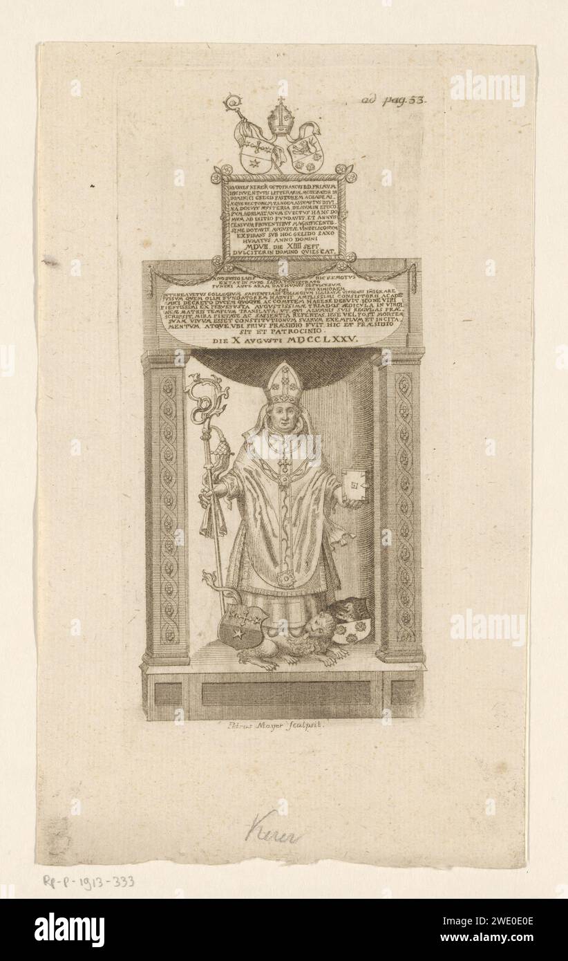 Grafmonument van Johannes Kerer, Peter Mayyr, 1768 - 1836 Druck oben rechts nummeriert: Ad S. 53. Freiburg im Breisgau (evtl.) Papierstich historischer Personen. Waffenlager, Heraldik. Abzeichen des Bischofs, z. B. Mitra, crozier. Grabbau, monumentales Grab Stockfoto