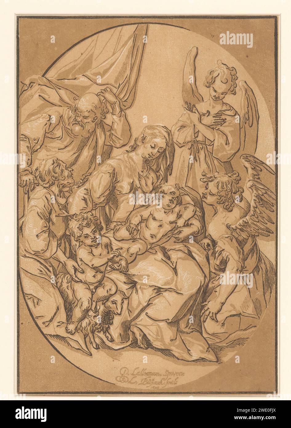 Heilige Familie mit Johannes de Boper, Elisabet und zwei Engeln, Ludwig Büsinck, Georges Lallemand, 1623 Druckpapier Heilige Familie mit Johannes dem Täufer, Elisabeth anwesend Stockfoto