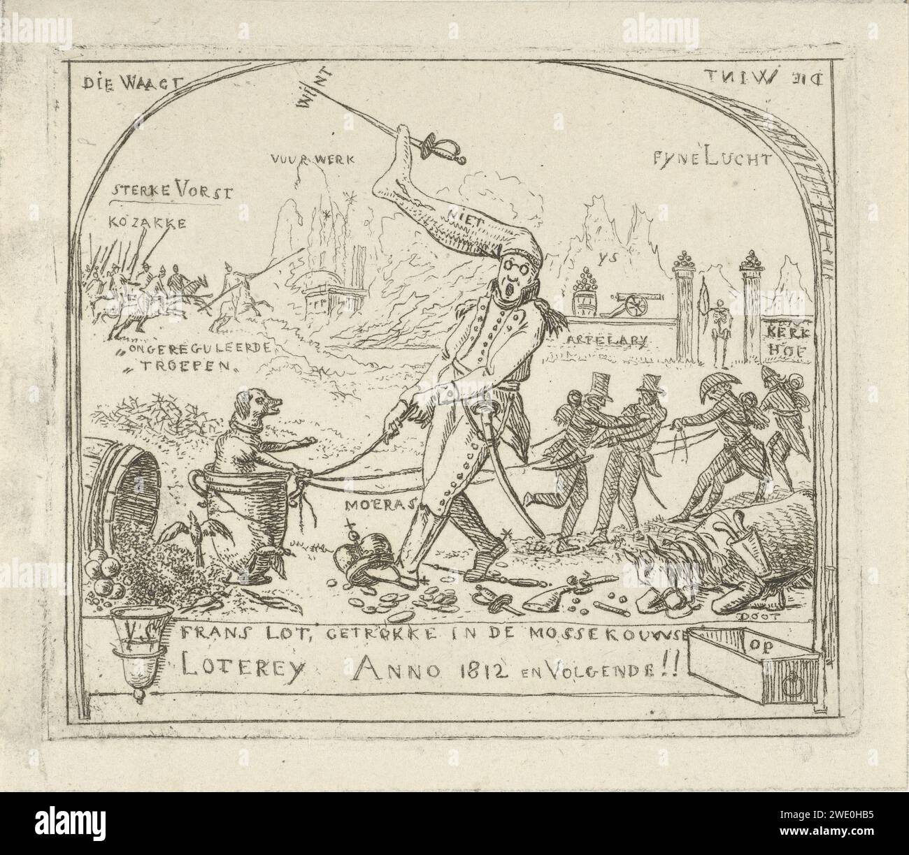 Napoleon zieht einen Hund in einer Tasse durch den Sumpf, Hermanus Fock, 1813 Druck Napoleon, mit einer Socke auf dem Kopf, zieht einen Hund in einer Tasse durch den Sumpf. Französische Soldaten helfen ihm. Im Hintergrund die französischen Truppen, die von den Kosaken besiegt werden, das Feuerwerk und ein Friedhofsportal mit einem Rahmen eines französischen Soldaten. Unter dem Text: Frans Lot, gezogen in der Mossekouwse Loterey in 1812 und Next! Amsterdamer Papierätzung Stockfoto