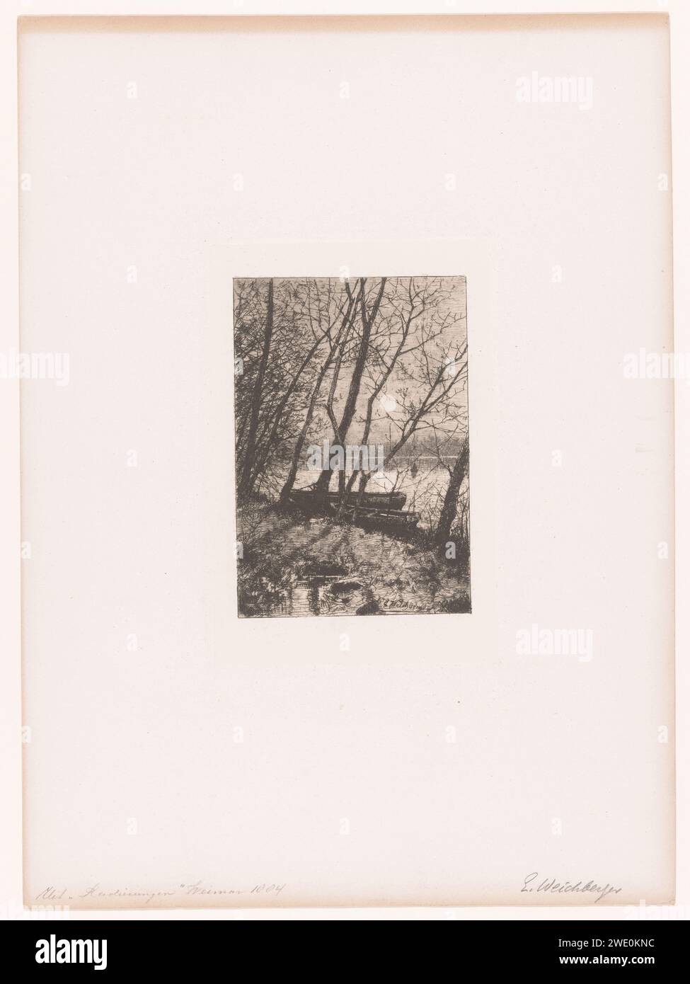 Zwei Ruderboote auf einem See bei Moonlight, Eduard Weichberger, 1884 drucken Weimarer Papier. Ätzen von Wald, Holz. Ruderboot, Kanu usw. see. Mondlicht Stockfoto