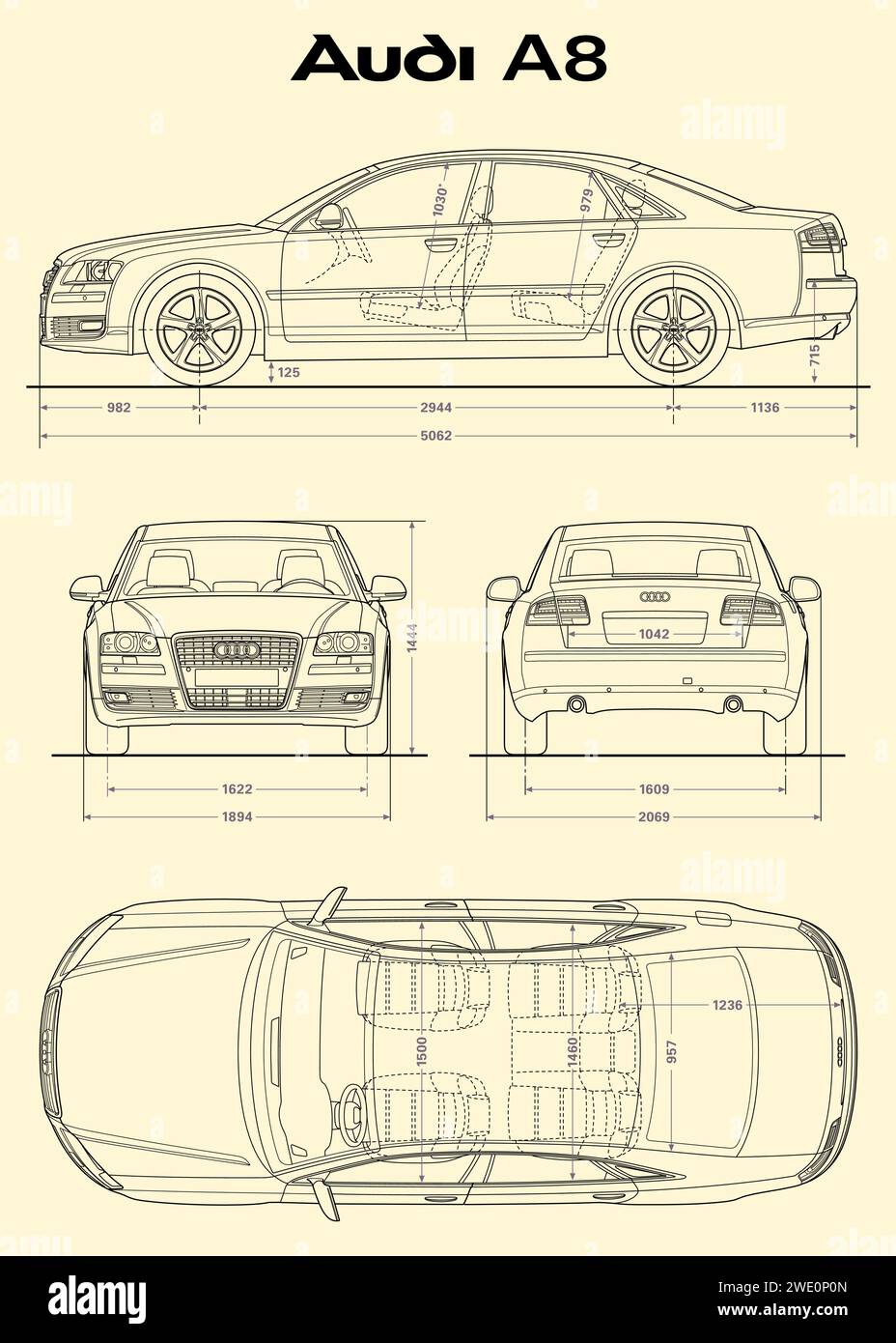 2008 Audi A8 Auto-Blueprint Stock Vektor