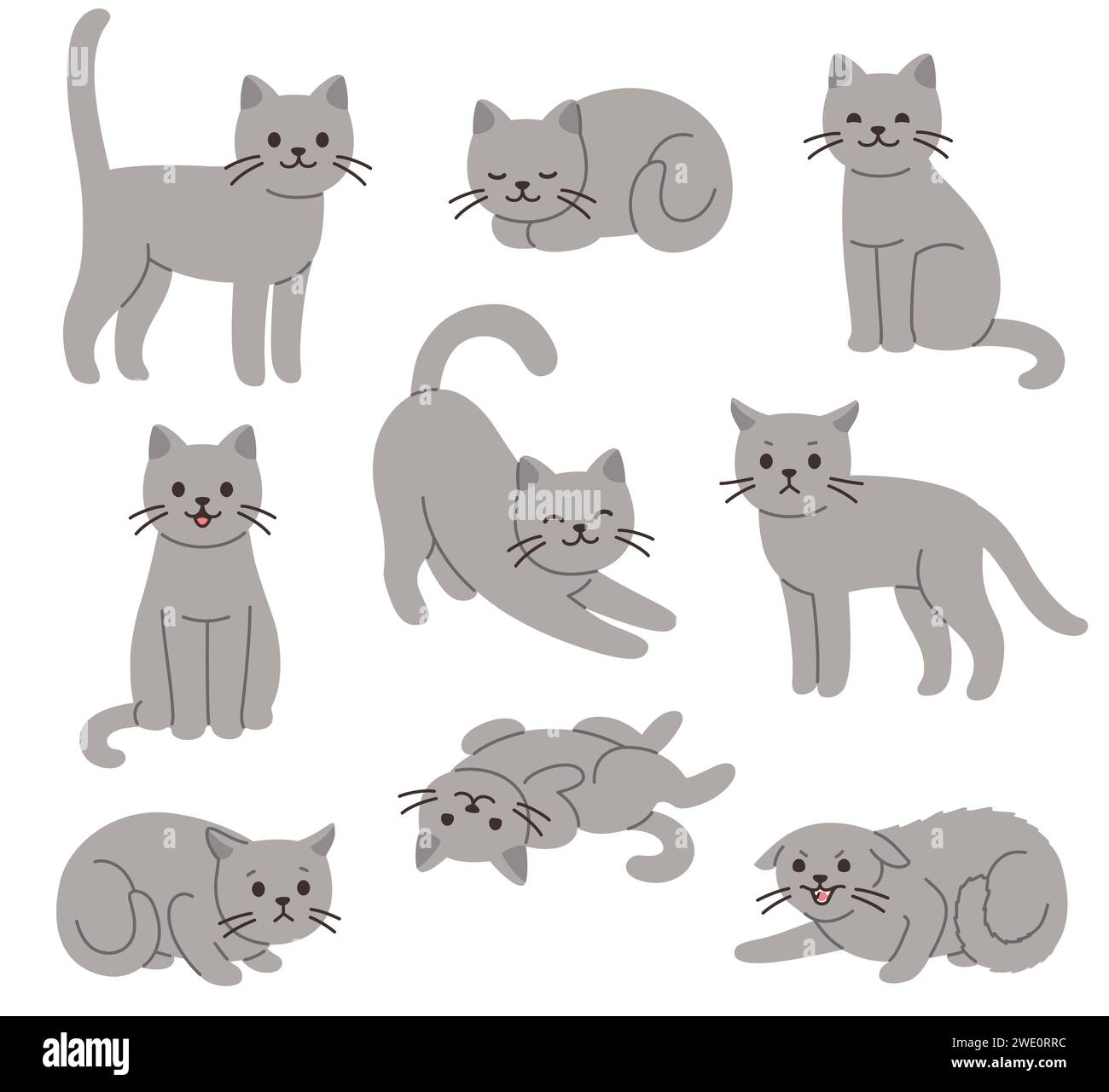 Zeichentrickkatzen-Set mit verschiedenen Posen und Emotionen. Katzenverhalten, Körpersprache und Gesichtsausdrücke. Einfache niedliche flache Vektor-Stil-Illustration. Stock Vektor
