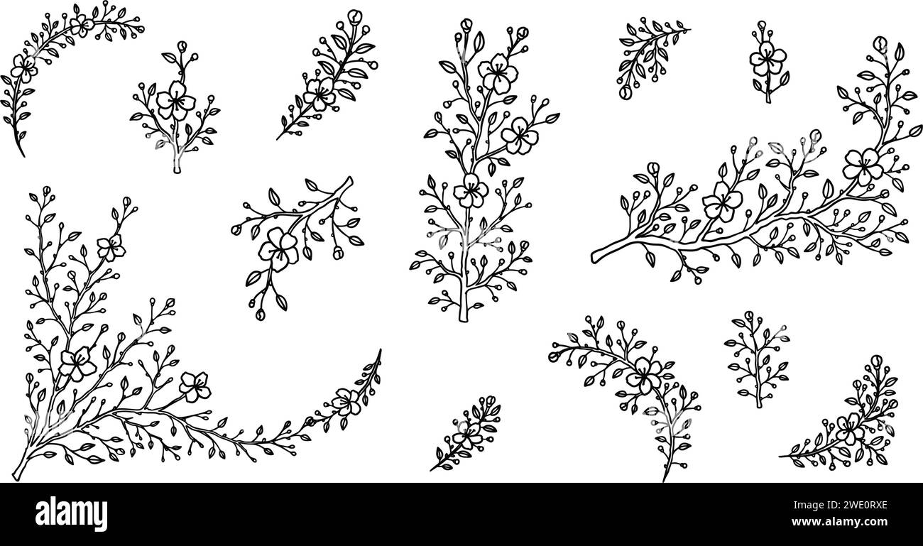 Satz von Frühlingskirschblüten-Zweigen. Japanische Sakura Blumen Hand gezeichnet Skizze Vektor Illustration. Minimalistisches Designelement für Kunst. Modellstruktur vint Stock Vektor