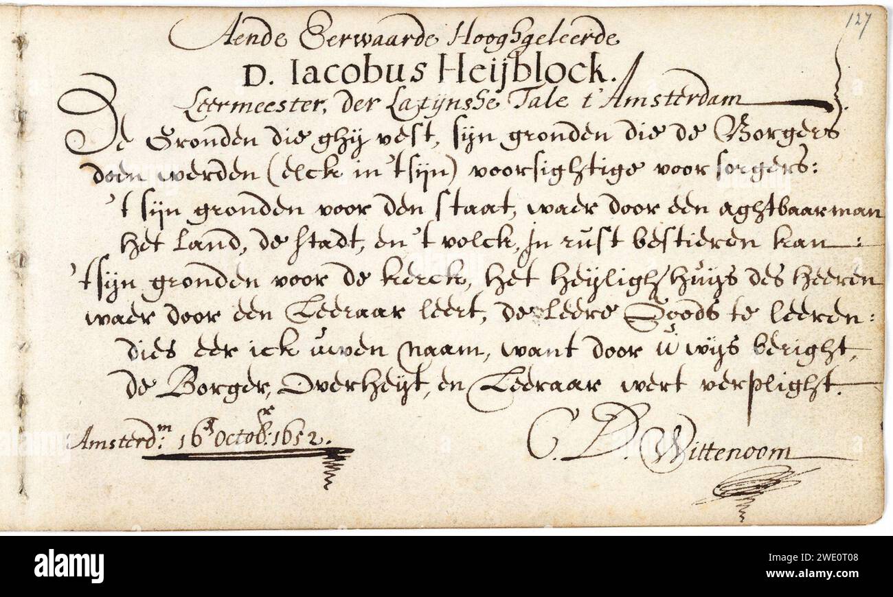 Album amicorum Jacob Heyblocq KB131H26 - p127 - Cornelis Wittenoom - Gedicht. Stockfoto