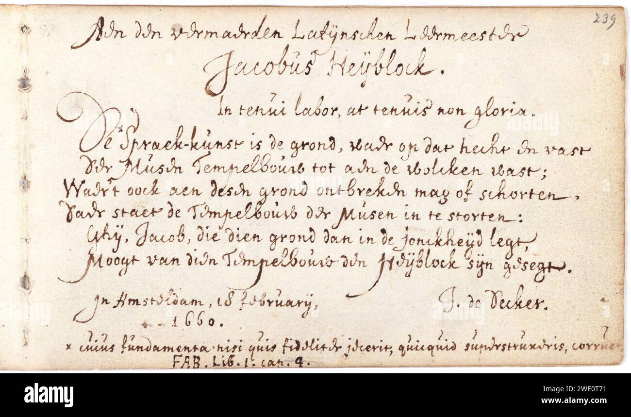 Album amicorum Jacob Heyblocq KB131H26 - p239 - Jeremias de Decker - Gedicht. Stockfoto