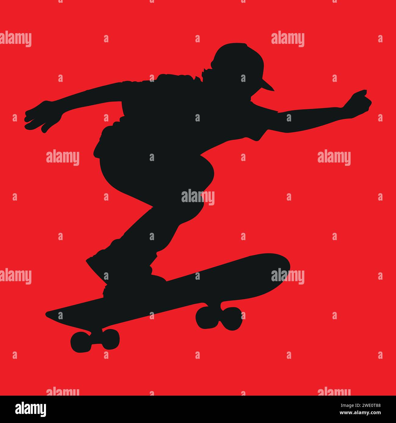 Junger Skateboarder in schwarzer Silhouette auf rotem Hintergrund Stock Vektor