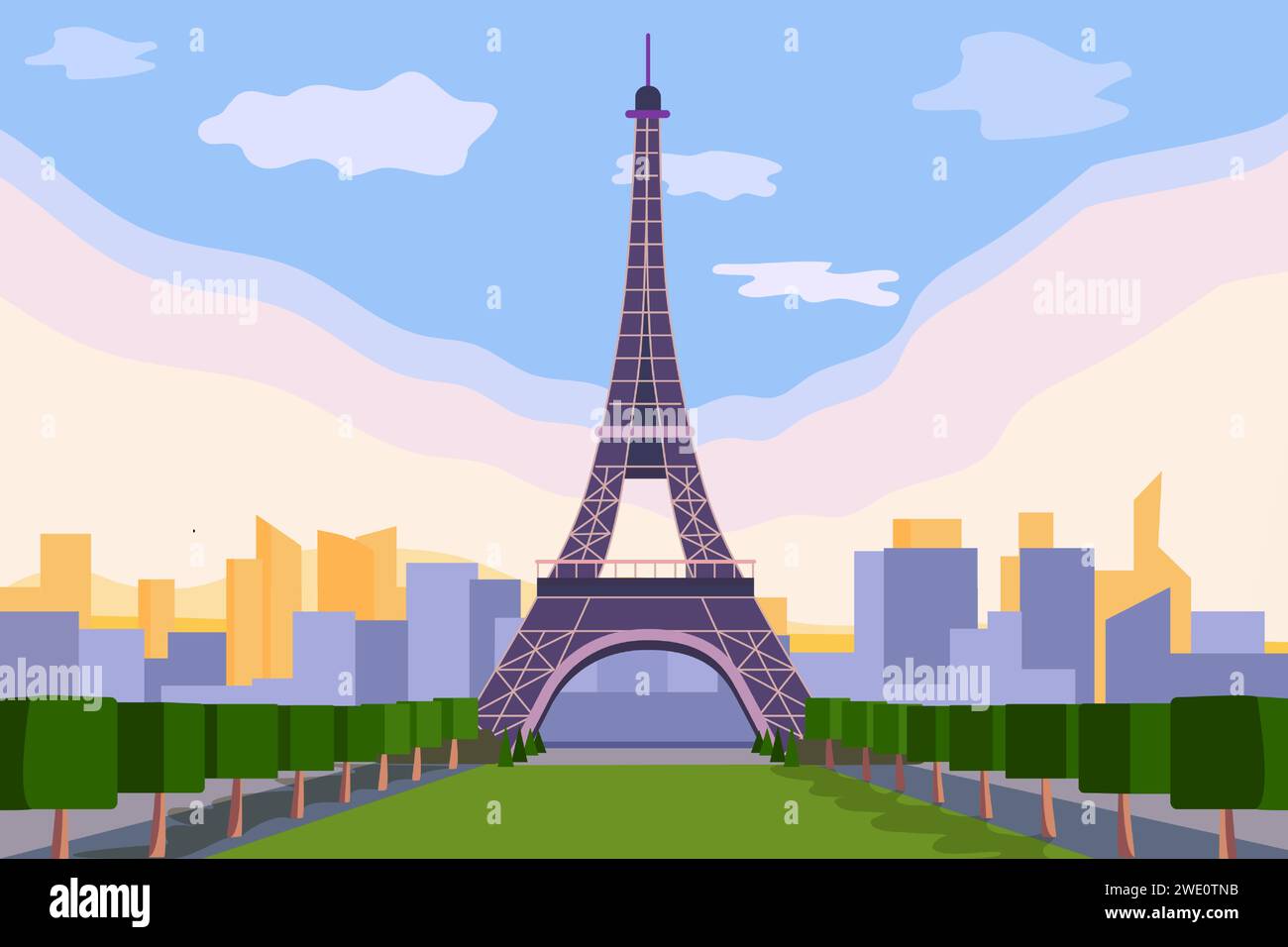 Frankreich Hintergrund. Wahrzeichen der Stadt. Paris Tour mit berühmtem Gebäude und Attraktionen. Touristen reisen. Ich liebe die französische Hauptstadt. Tourismusreise. Eiffelturm. Parkstraße. Urbane Landschaft. Vektorabbildung Stock Vektor