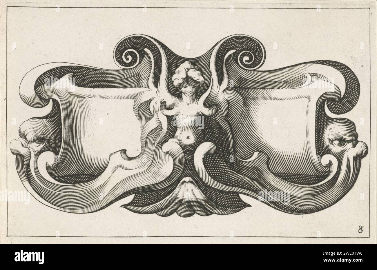 Horizontale Cartouche mit zwei quadratischen Fächern, Anonym, nach Lucas Kilian, nach Melchior Tavernier, 1657 - 1685 Druck in der Mitte ist ein weiblicher Oberkörper. Aus Serie von 22 oder 29 Blättern mit Kartuschen im italienischen Lappenstil, vierte Ausgabe. Paris Papiergravur Stockfoto